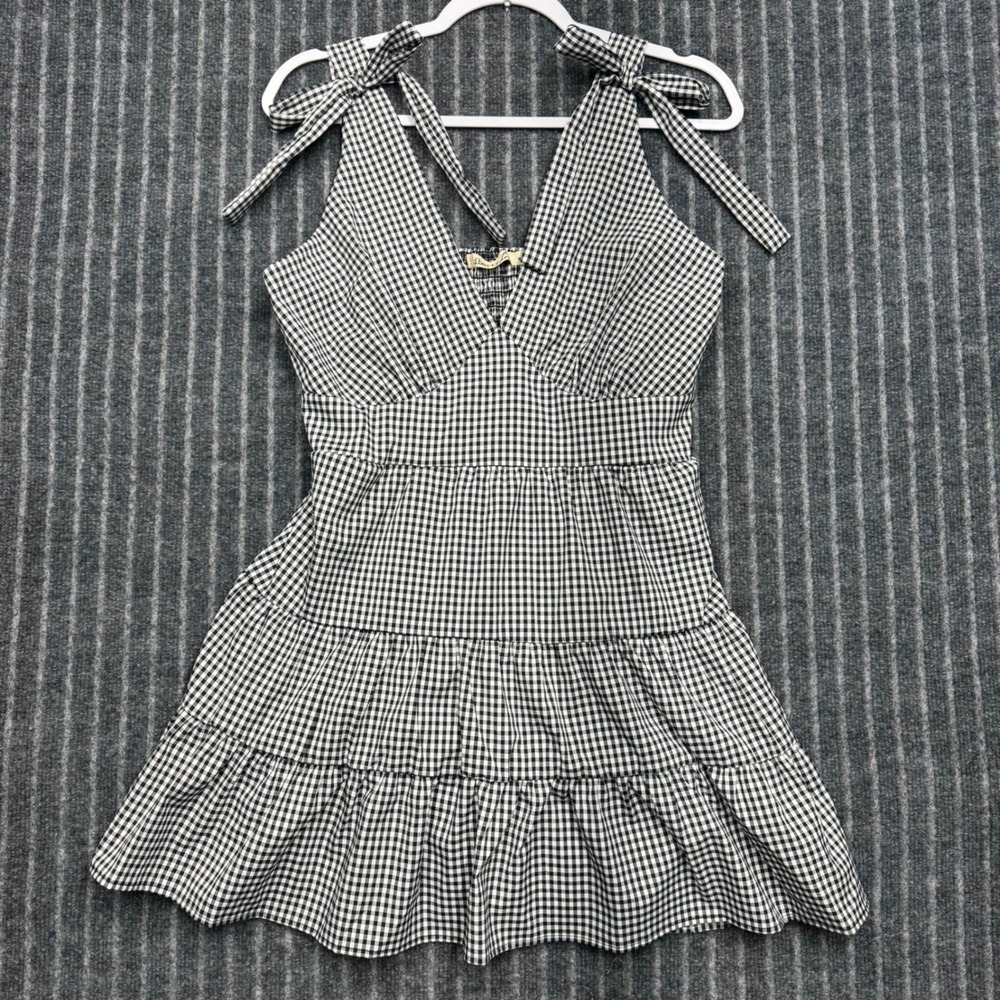 Liberty Love Womens Gingham Mini Dress XL Black White Tie Shoulder Tiered Smock
